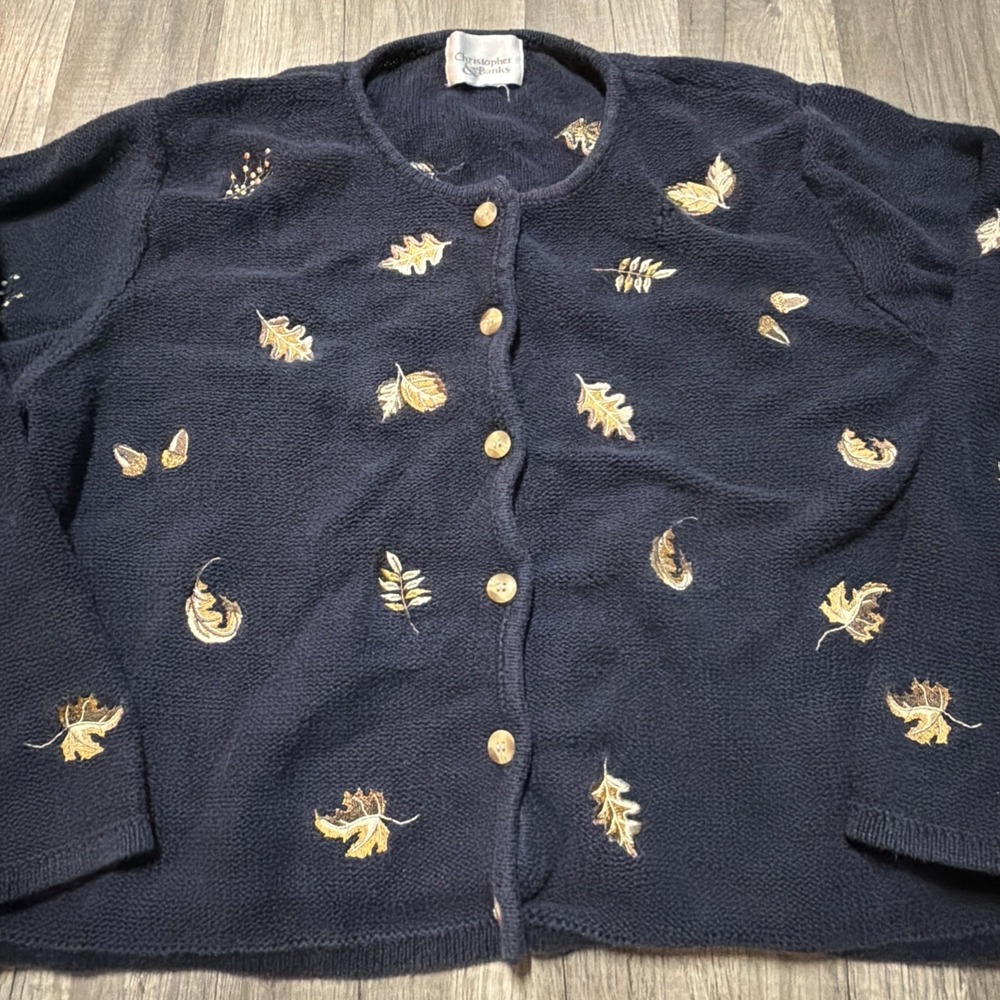 Vtg CHRISTOPHER & BANKS Navy Embroidered Nuts and Leaves M? Button Up Cardigan - Picture 3 of 8